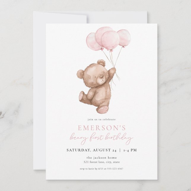 Invitación de primer cumpleaños del Chica rosado B (Anverso)