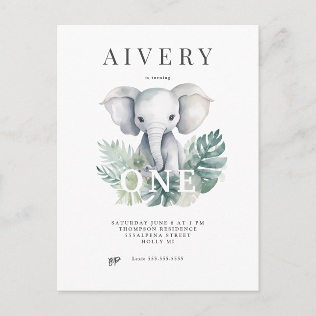 Invitación de primer cumpleaños del Elefante Neutr (Anverso)