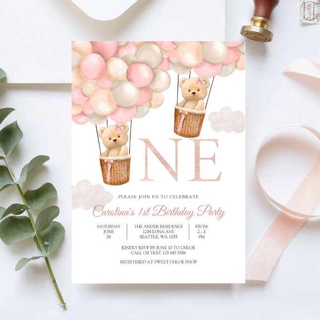 Invitación de Primer Cumpleaños del Globo de Osito (Subido por el creador)