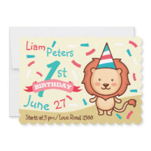 Invitación de primer cumpleaños del león alegre