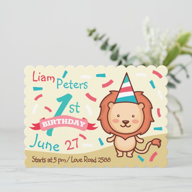 Invitación de primer cumpleaños del león alegre (Anverso de pie)