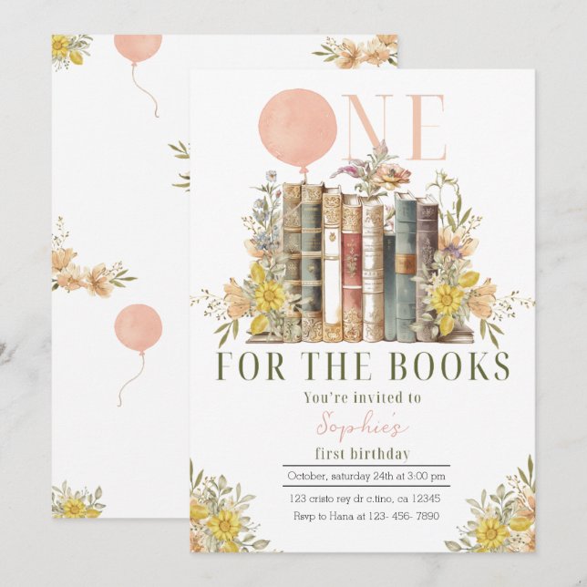 Invitación de primer cumpleaños del libro rosado (Anverso / Reverso)