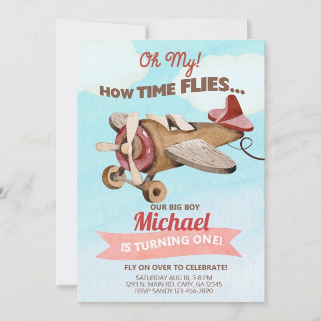 Invitación de primer cumpleaños del niño del avión (Anverso)