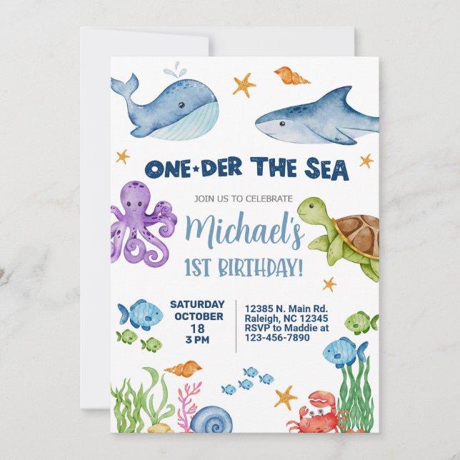 Invitación de primer cumpleaños del niño del Mar. (Anverso)