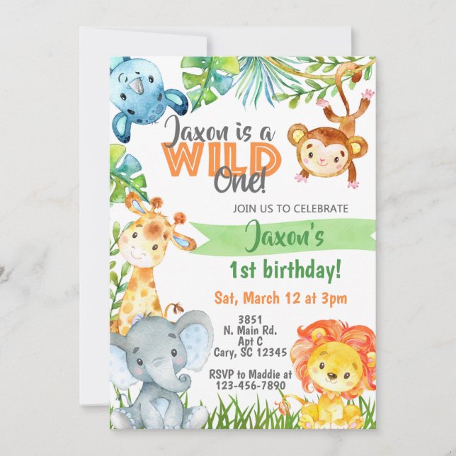 Invitación de primer cumpleaños del niño Safari Ju (Anverso)