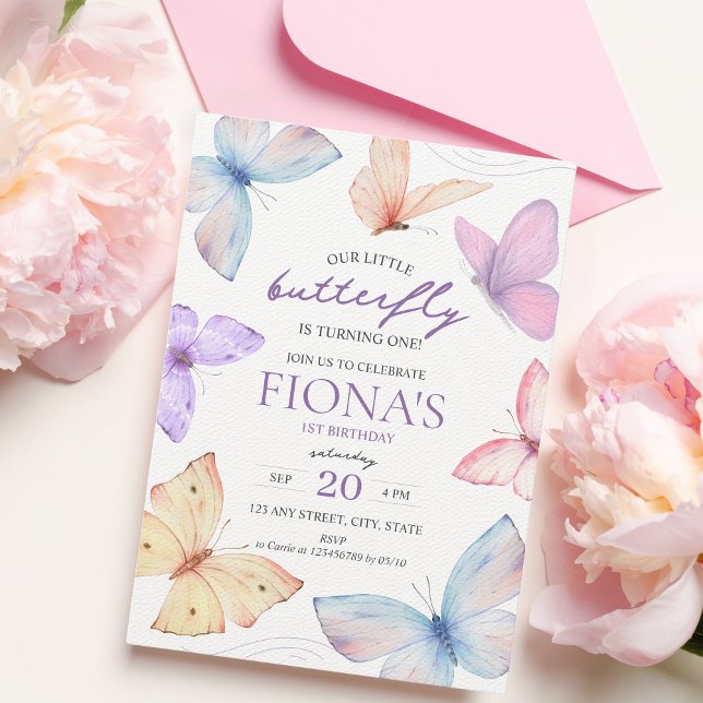 Invitación de primer cumpleaños del pequeño Chica  (Our little butterfly is turning one! Butterfly 1st birthday invitation)