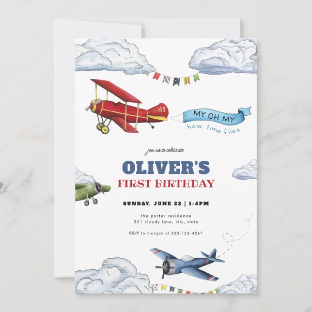 Invitación de primer cumpleaños del primer avión d (Anverso)