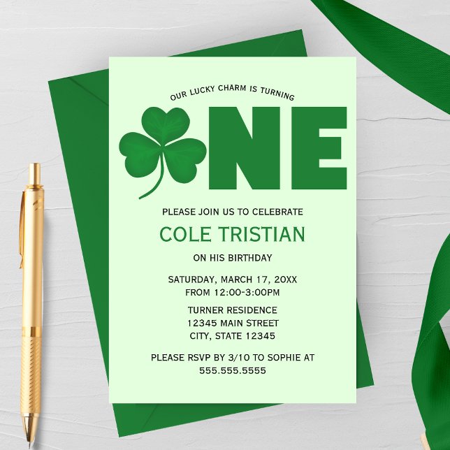 Invitación de Primer Cumpleaños del Trébol de la S (Lucky Charm Shamrock | St. Patrick's Day First Birthday Party Invitation)