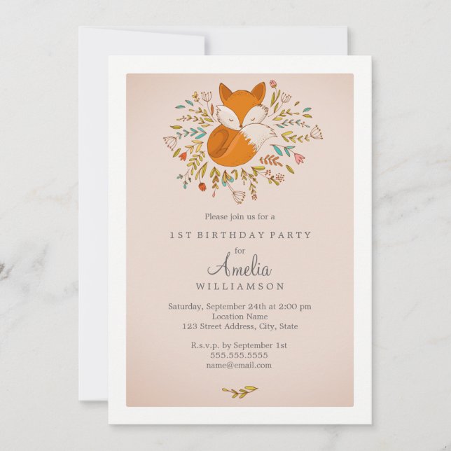 Invitación de primer cumpleaños del zorro del bosq (Anverso)