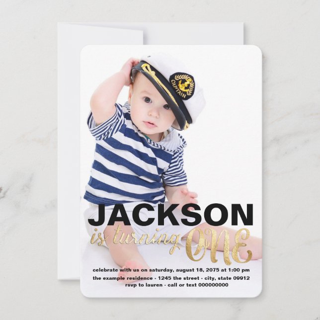 Invitación de primer cumpleaños dorada (Anverso)
