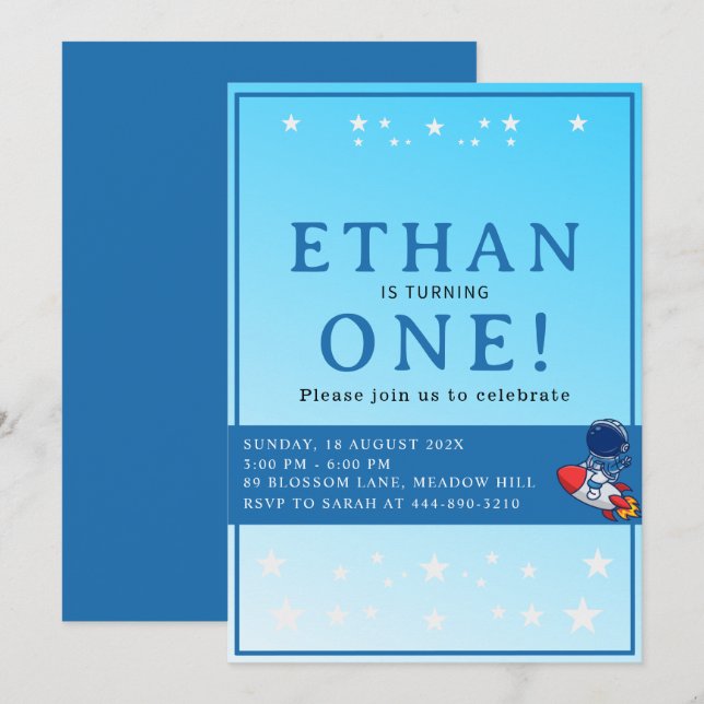 Invitación de primer cumpleaños espacial – Fiesta  (Anverso / Reverso)