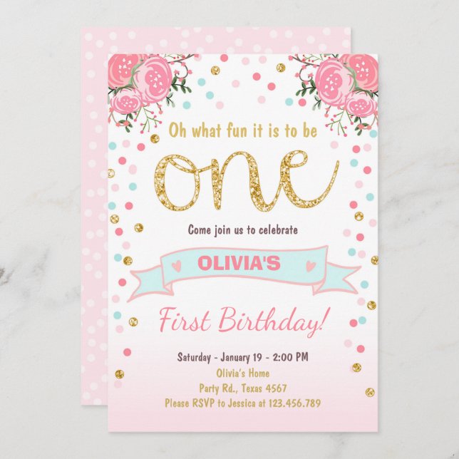 Invitación de primer cumpleaños floral niña rosas  (Anverso / Reverso)
