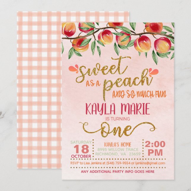 Invitación de primer cumpleaños - Gingham (Anverso / Reverso)