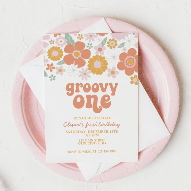 Invitación de primer cumpleaños Groovy One Retro F (Subido por el creador)