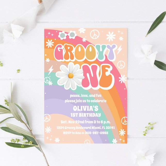 Invitación de Primer Cumpleaños Groovy Rainbow (Subido por el creador)