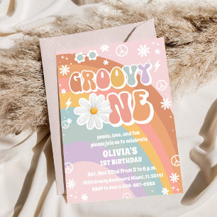 Invitación de Primer Cumpleaños Groovy Rainbow