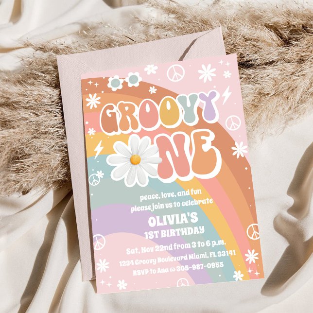 Invitación de Primer Cumpleaños Groovy Rainbow (Subido por el creador)