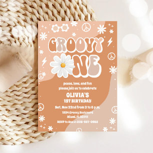 Invitación de primer cumpleaños Groovy Retro 70 Da