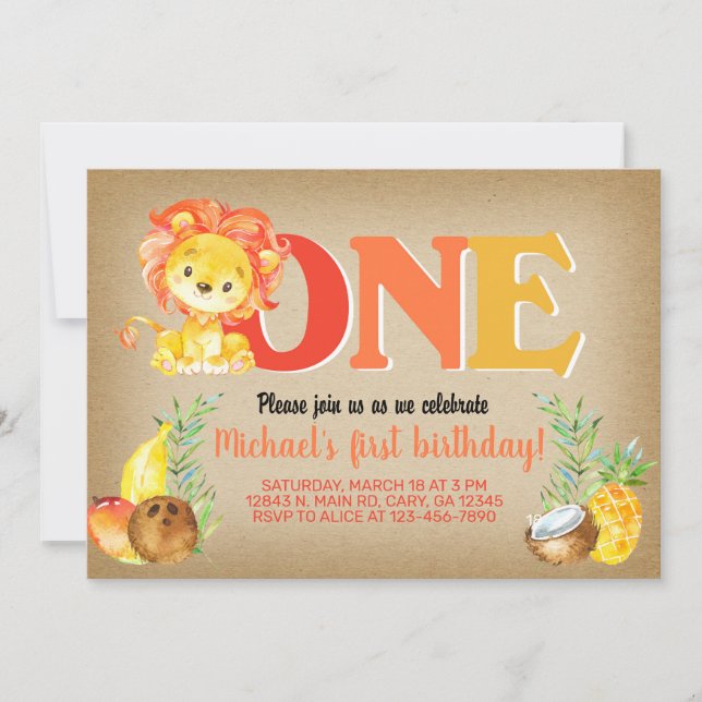 Invitación de primer cumpleaños, invitación de leó (Anverso)