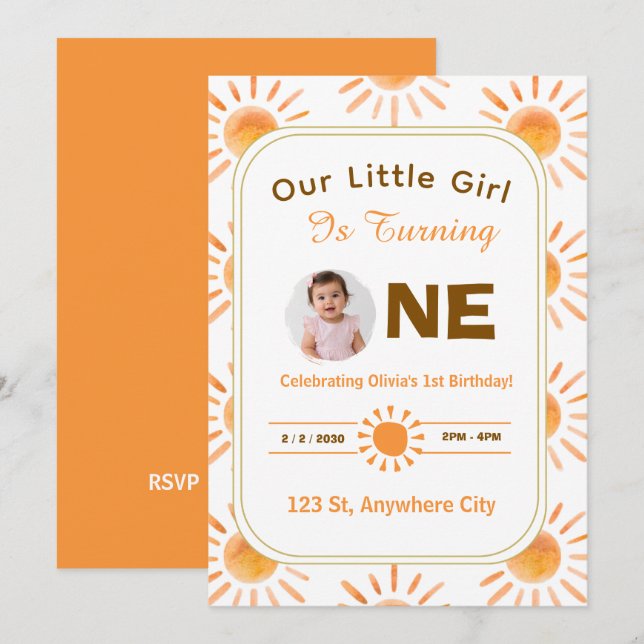 Invitación de primer cumpleaños Little Sunshine (Anverso / Reverso)