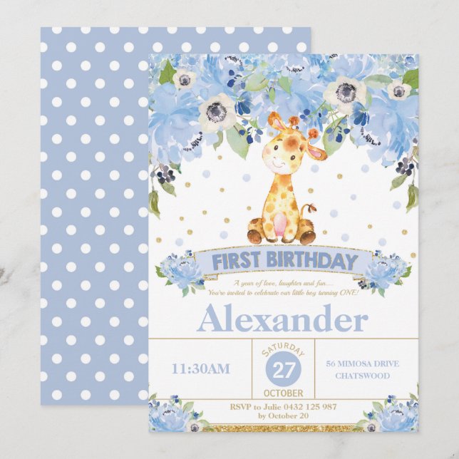 Invitación de primer cumpleaños niño jirafa Floral (Anverso / Reverso)