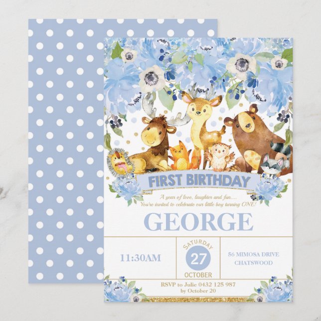 Invitación de primer cumpleaños niño Woodland Anim (Anverso / Reverso)