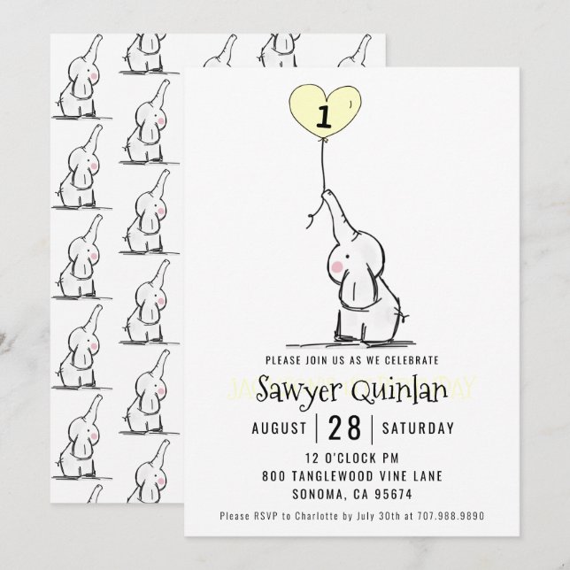 Invitación de primer cumpleaños para elefantes ext (Anverso / Reverso)