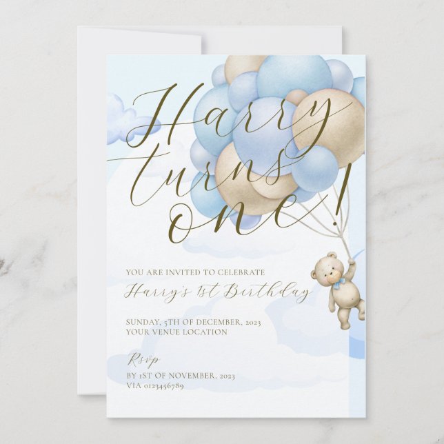 Invitación de primer cumpleaños para niños con tem (Anverso)