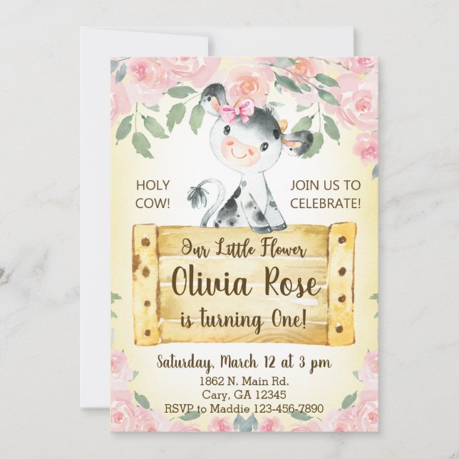 Invitación de primer cumpleaños para vacas y rosas (Anverso)