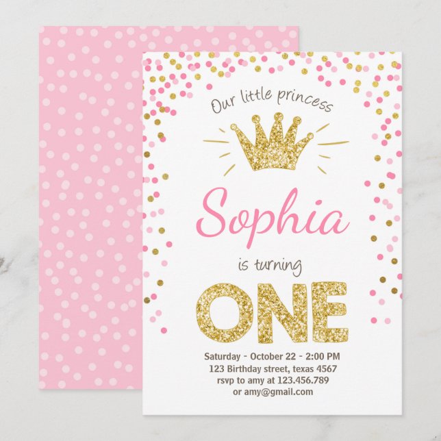 Invitación de primer cumpleaños Princess Gold Pink (Anverso / Reverso)