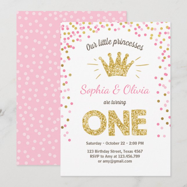 Invitación de primer cumpleaños Princess Gold Pink (Anverso / Reverso)