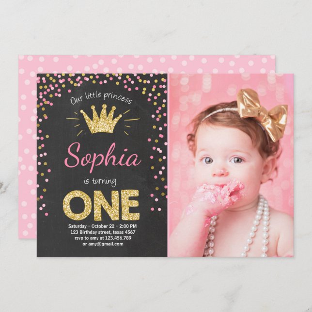 Invitación de primer cumpleaños Princess Gold Pink (Anverso / Reverso)