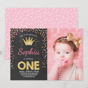 Invitación de primer cumpleaños Princess Gold Pink