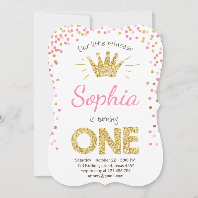 Invitación de primer cumpleaños Princess Gold Pink (Anverso)