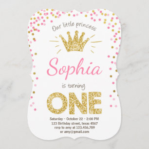 Invitación de primer cumpleaños Princess Gold Pink