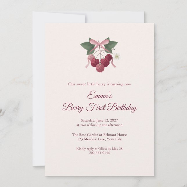 Invitación de primer cumpleaños Raspberry Berry (Anverso)