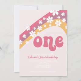 Invitación de primer cumpleaños Retro Daisy Pink R