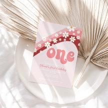 Invitación de primer cumpleaños Retro Daisy Pink R