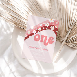 Invitación de primer cumpleaños Retro Daisy Pink R