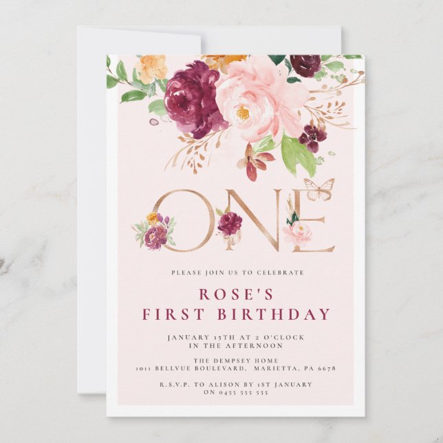 Invitación de primer cumpleaños Saffron Rosa marip (Anverso)