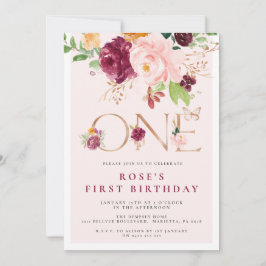 Invitación de primer cumpleaños Saffron Rosa marip