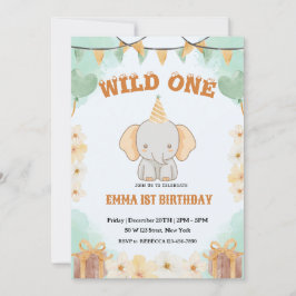 Invitación de primer cumpleaños salvaje de un elef