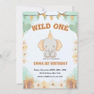 Invitación de primer cumpleaños salvaje de un elef