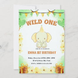 Invitación de primer cumpleaños salvaje de un elef