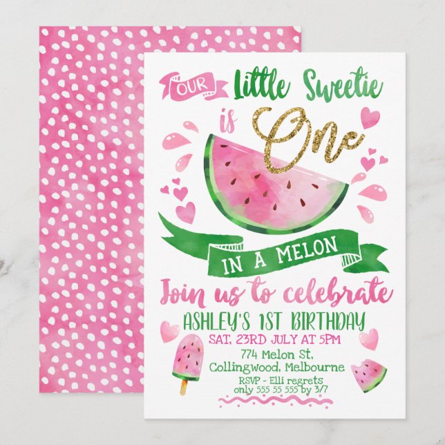 Invitación de primer cumpleaños temática de Pink O (Anverso / Reverso)