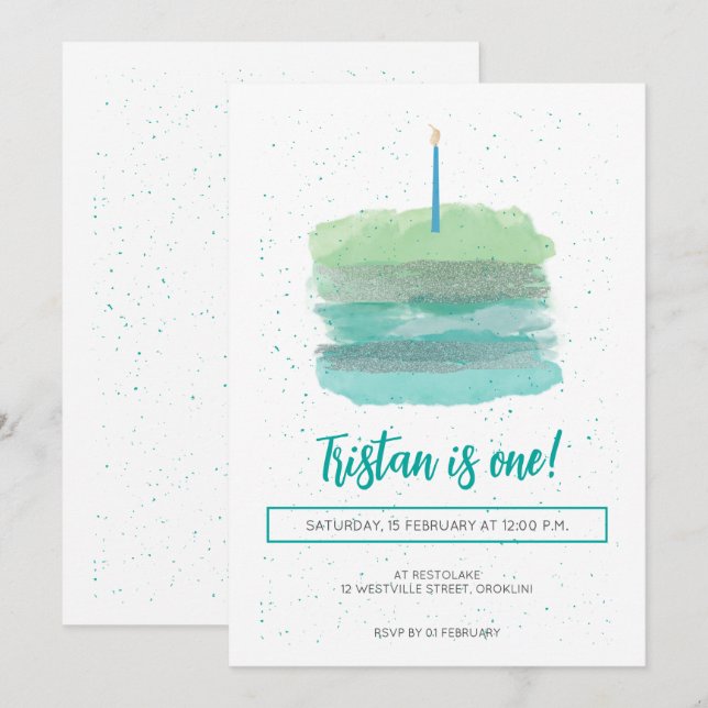 Invitación de primer cumpleaños verde de bonito (Anverso / Reverso)