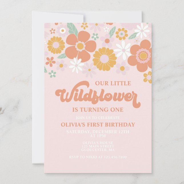 Invitación de primer cumpleaños Wildflower Retro F (Anverso)