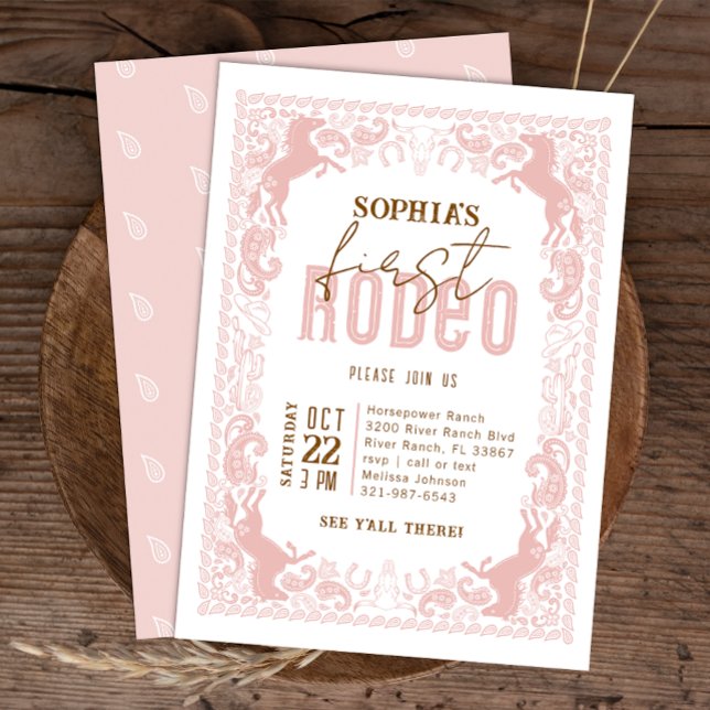 Invitación de primer rodeo rosado al cumpleaños -  (Pink Wild West Birthday Invite)