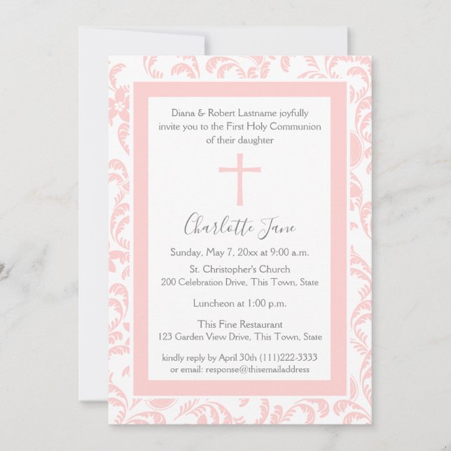 Invitación de primera comunión a la Paisley floral (Anverso)