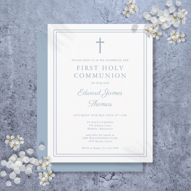 Invitación de Primera Comunión con borde azul polv (Dusty Blue Border First Holy Communion Invitation Postcard)